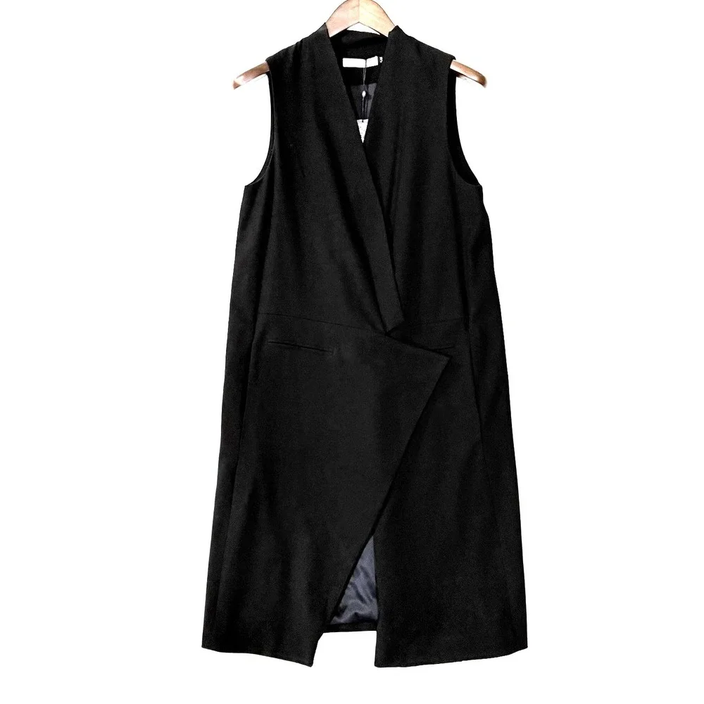 Elk Long Coatigan Vest Womens S/M Tailored Black Sleeveless Lined Asymmetrical - Picture 5 of 14
